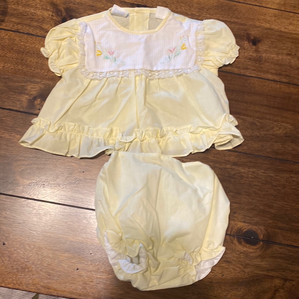 Vintage Cradle Tags infant pale yellow dress and bloomer set